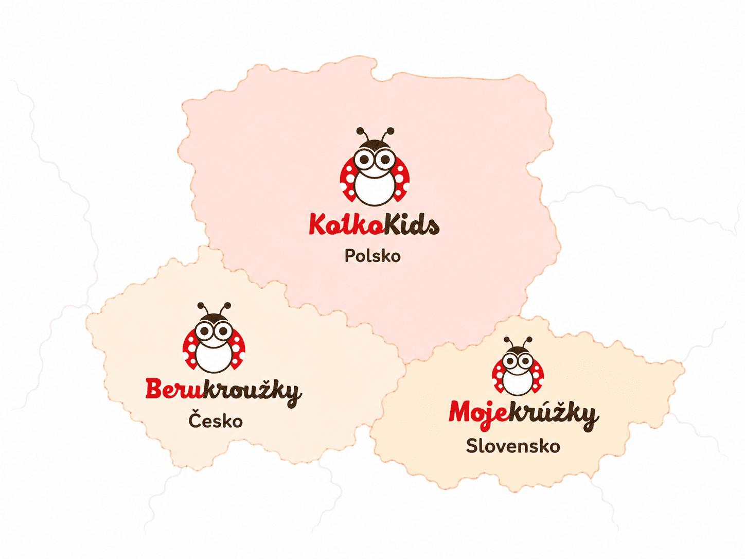 Mapa: Berukroužky v Česku, Mojekrúžky na Slovensku a KółkoKids v Poľsku